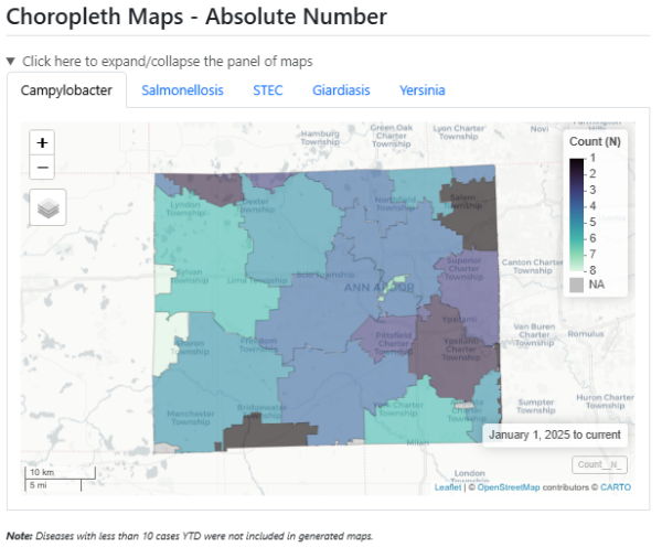 Expandable choropleth map of Campylobacter cases year-to-date by ZIP code in Washtenaw County, Michigan. Additional tabs for other diseases of interest include Salmonellosis, STEC, Giardiasis and Yersinia